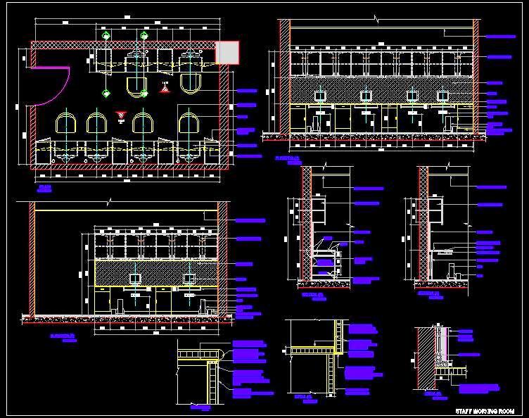 Office Room Layout CAD- 6 Desks with Overhead Storage